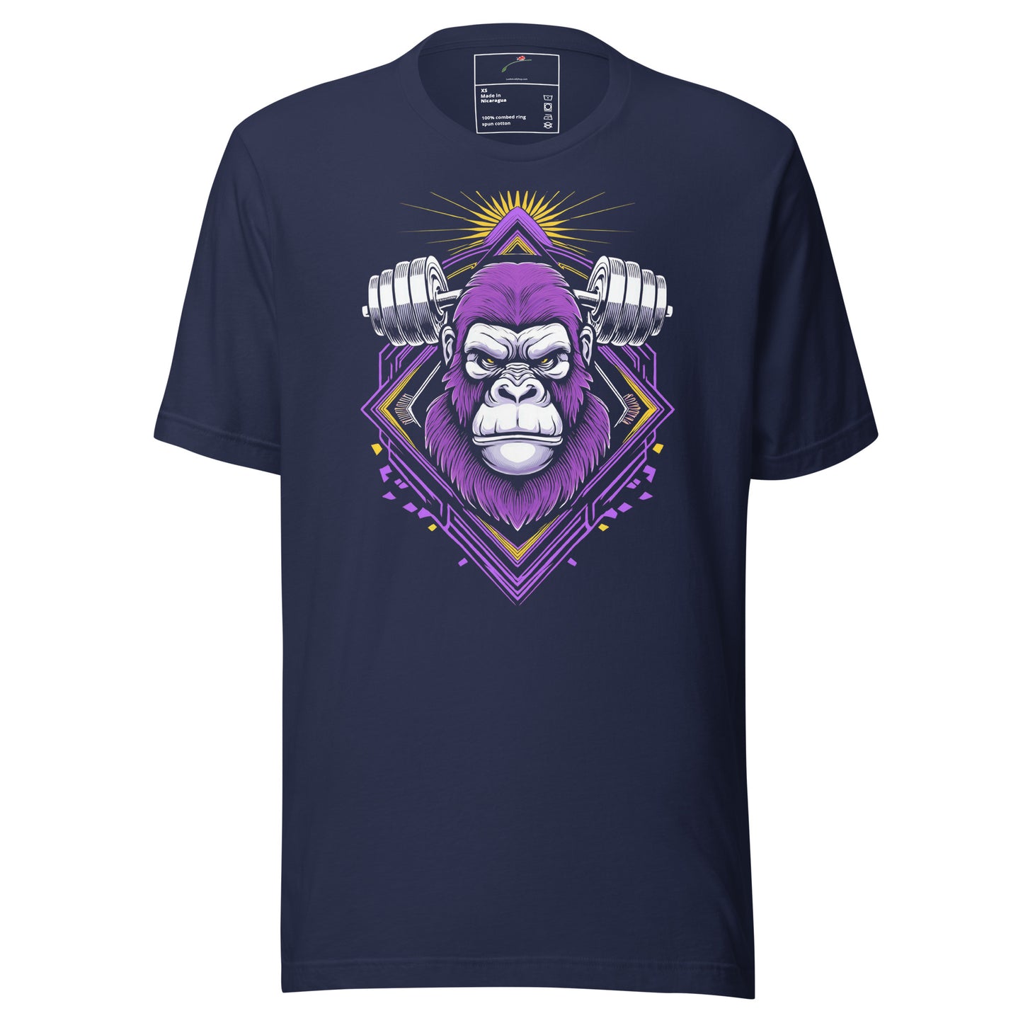 LuckeLadybug beast mode weightlifting tee navy blue shirt with purple gorilla and barbell design