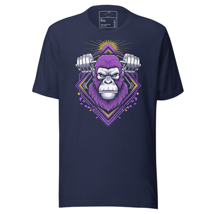 LuckeLadybug beast mode weightlifting tee navy blue shirt with purple gorilla and barbell design