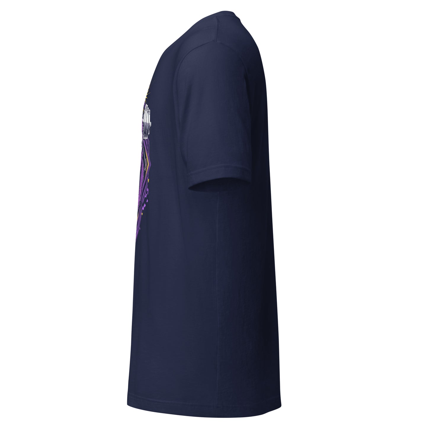 Side view of navy blue LuckeLadybug beast mode weightlifting tee with short sleeves