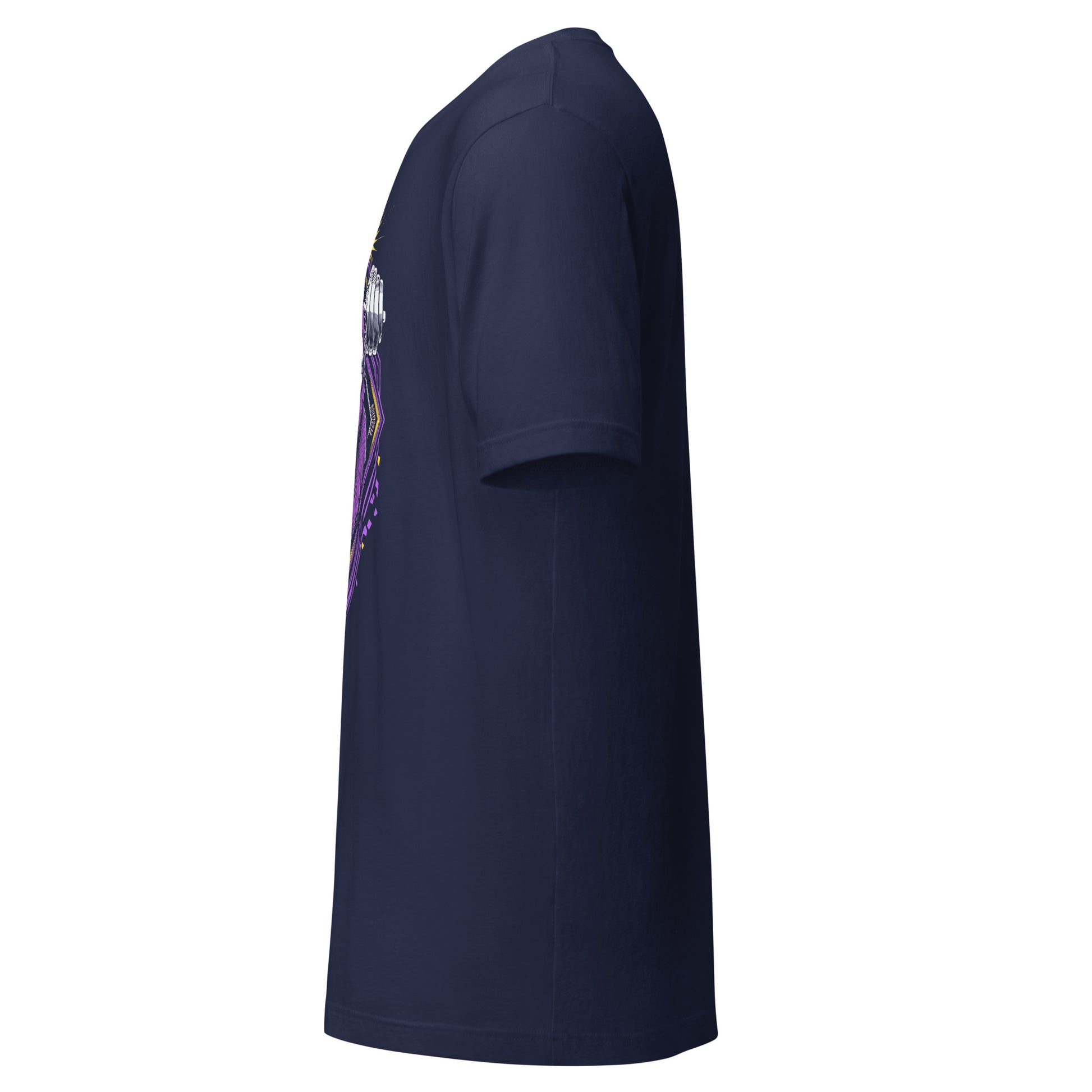 Side view of navy blue LuckeLadybug beast mode weightlifting tee with short sleeves