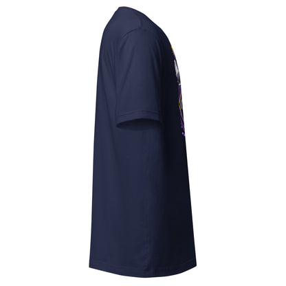 Side view of navy blue beast mode weightlifting tee by LuckeLadybug with short sleeves