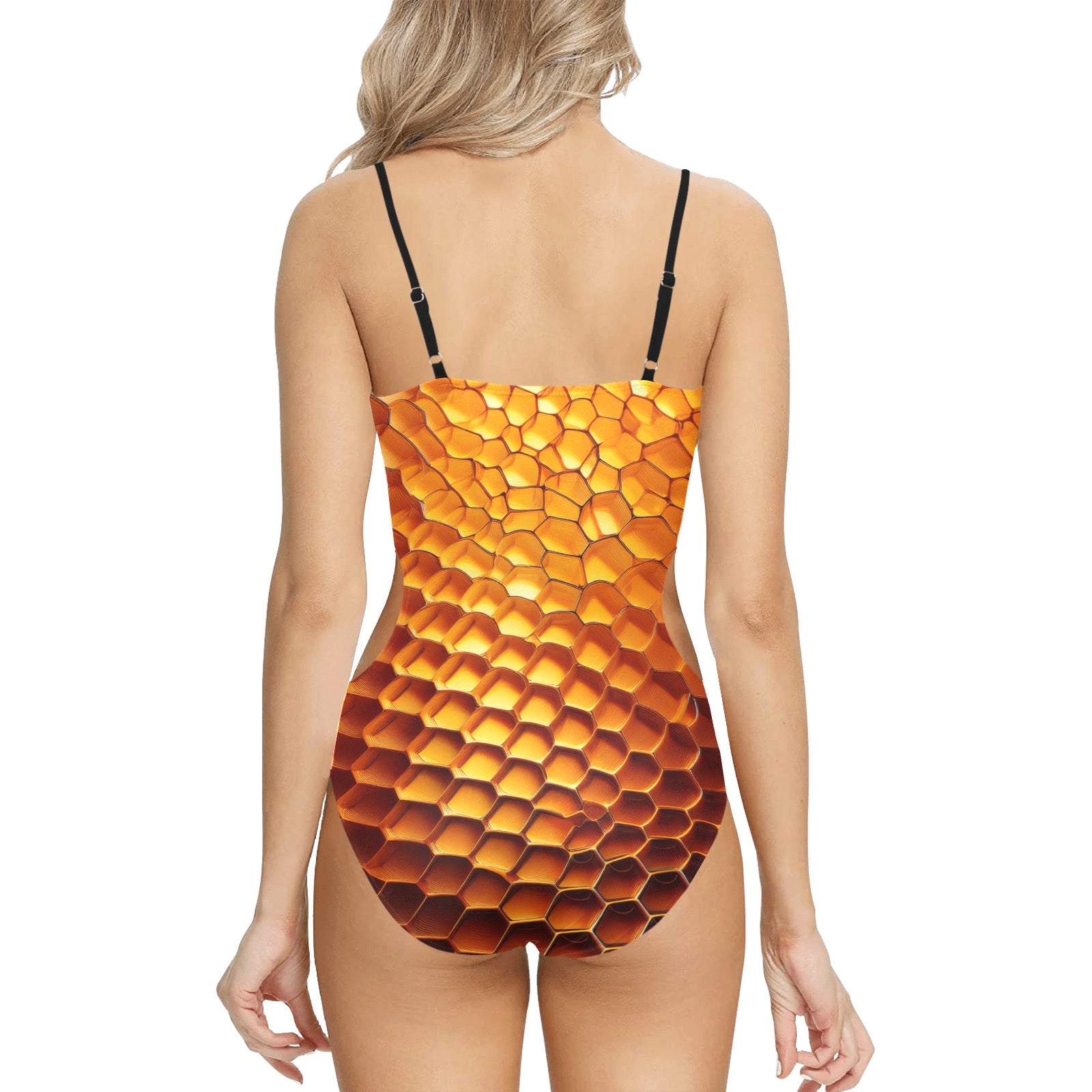 Back view of LuckeLadybug beehive print one-piece swimsuit with honeycomb pattern and adjustable black straps