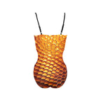 LuckeLadybug beehive print one-piece swimsuit back view with adjustable black straps and honeycomb pattern
