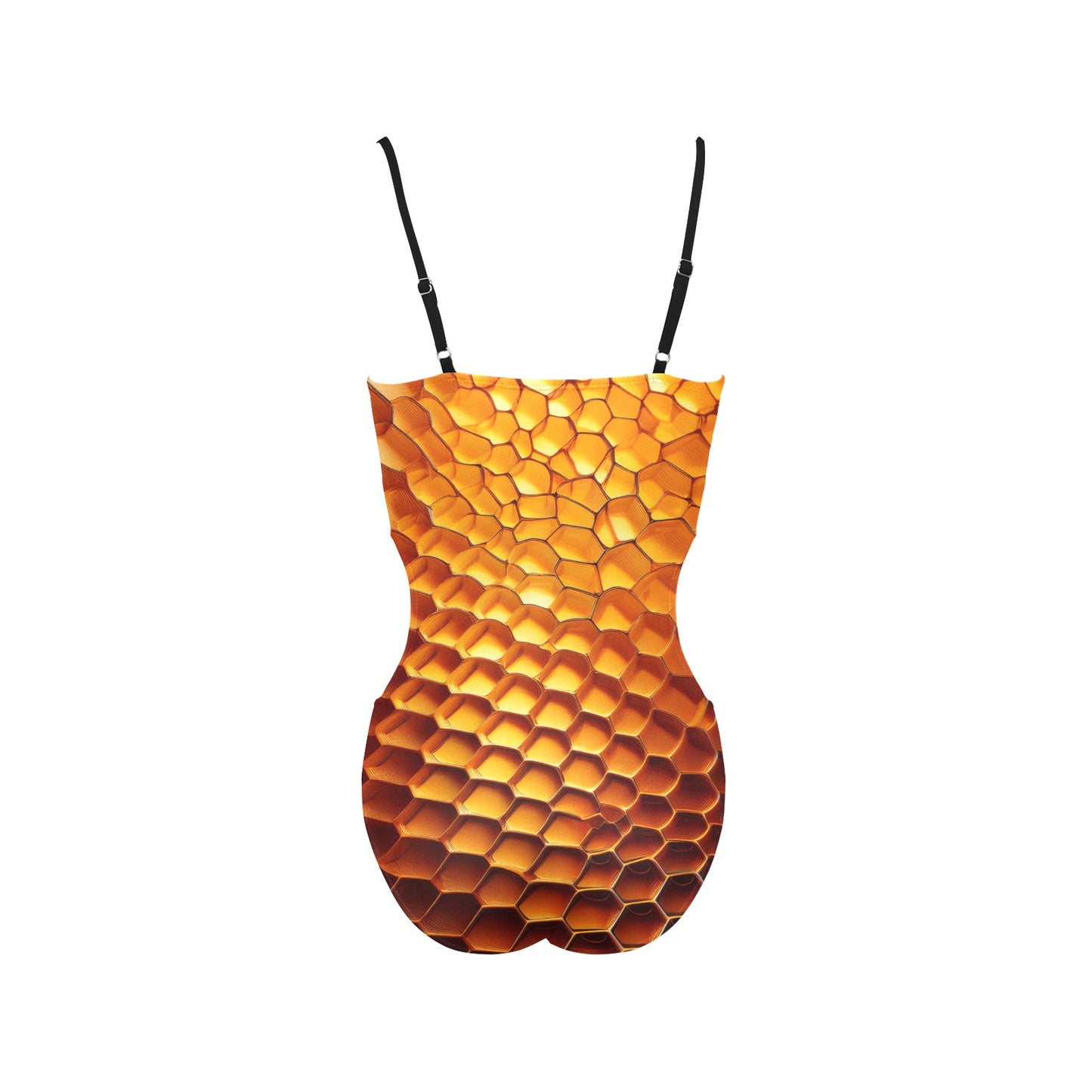 LuckeLadybug beehive print one-piece swimsuit back view with adjustable black straps and honeycomb pattern