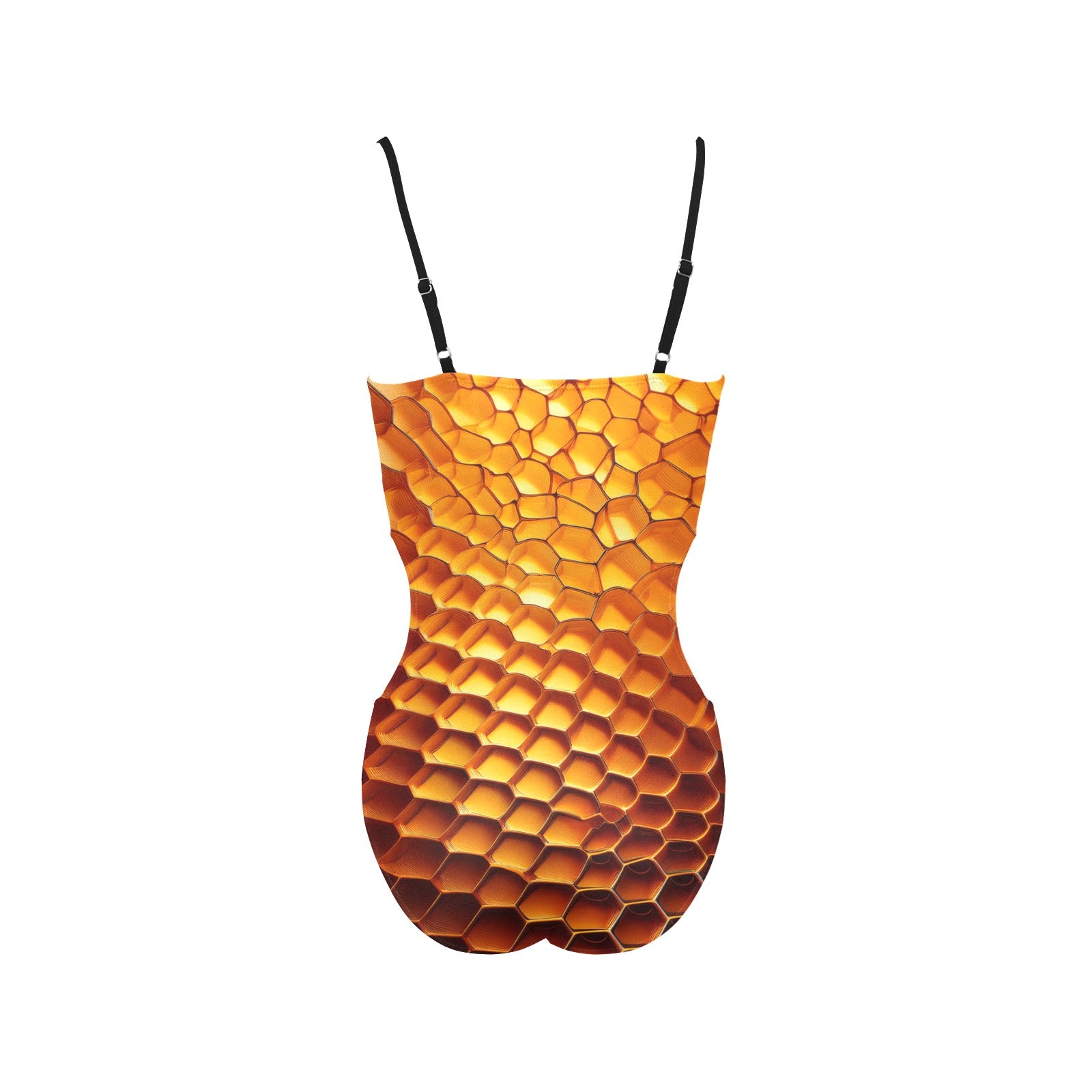 LuckeLadybug beehive print one-piece swimsuit back view with adjustable black straps and honeycomb pattern