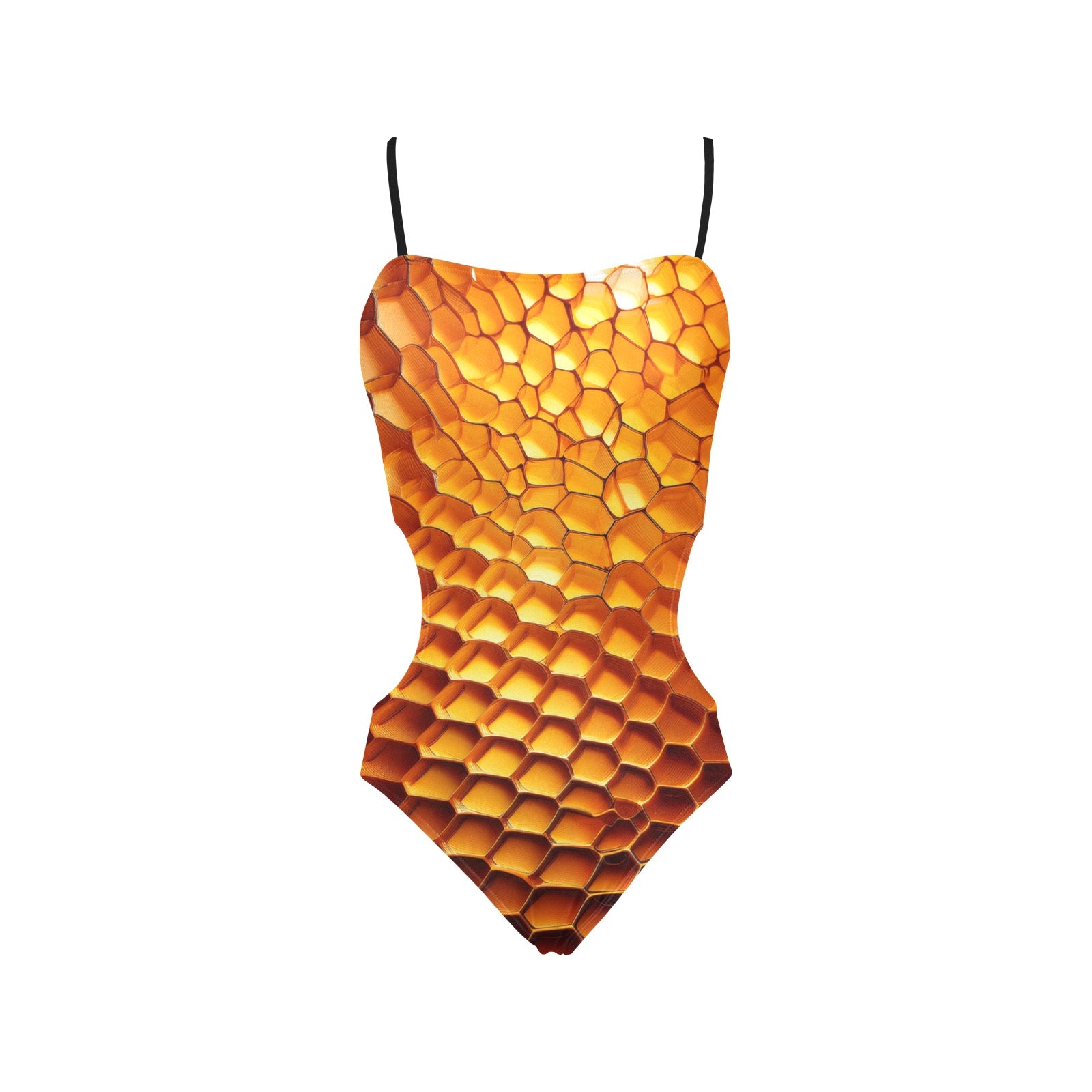 LuckeLadybug beehive print one-piece swimsuit in amber honeycomb pattern with thin black straps