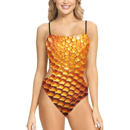 LuckeLadybug beehive print one-piece swimsuit with honeycomb pattern and thin black straps