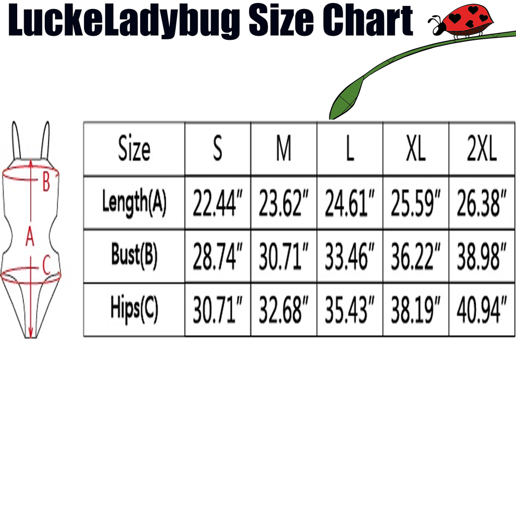 LuckeLadybug size chart for beehive print one-piece swimsuit showing length bust and hips measurements S to 2XL