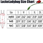 LuckeLadybug size chart for beehive print one-piece swimsuit showing length bust and hips measurements S to 2XL