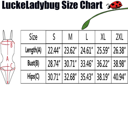 LuckeLadybug size chart for beehive print one-piece swimsuit showing length bust and hips measurements S to 2XL