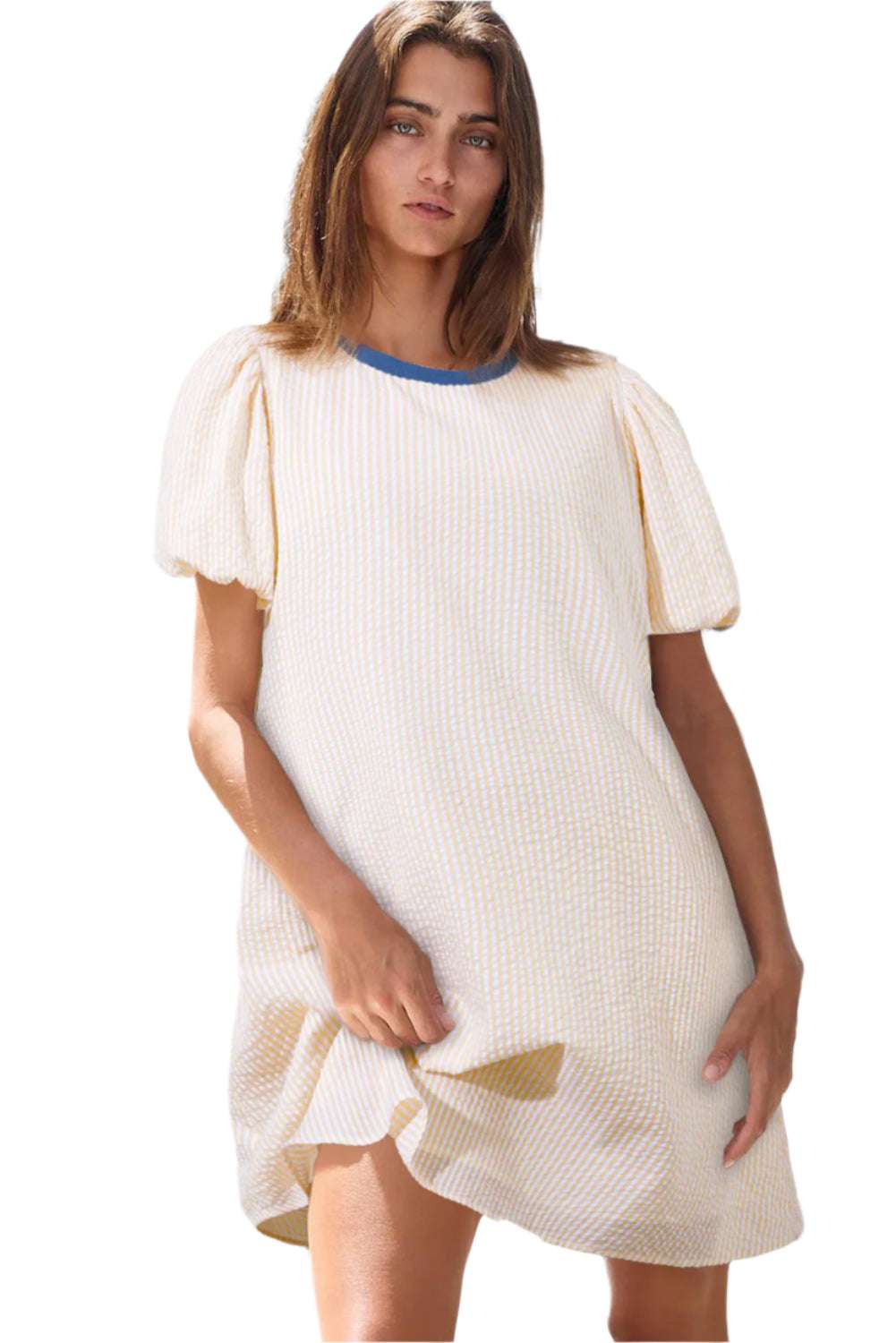 LuckeLadybug LLC beige stripe seersucker dress t-shirt dress with puff sleeves