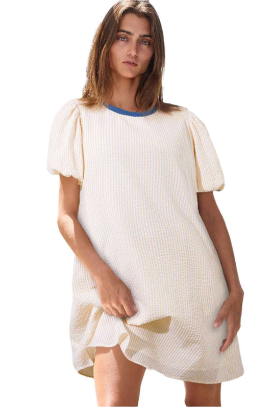 LuckeLadybug LLC beige stripe seersucker dress t-shirt dress with puff sleeves