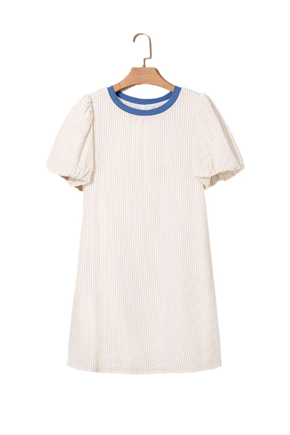 Beige stripe seersucker dress with blue collar and puff sleeves hanging on wooden hanger