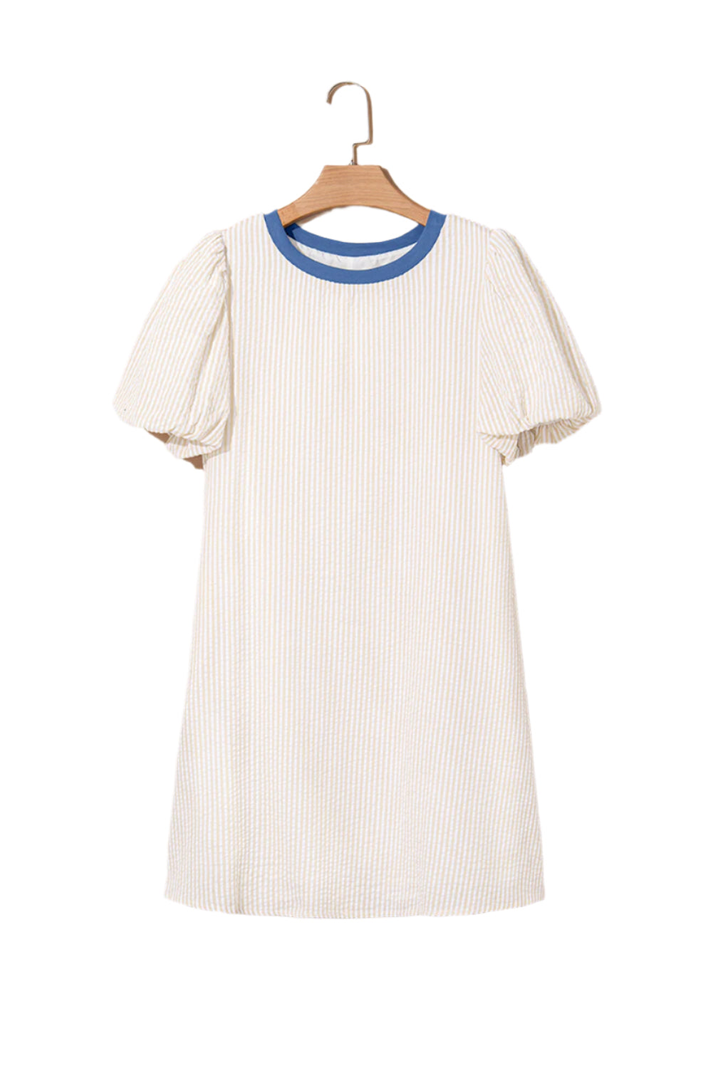 Beige stripe seersucker dress with blue collar and puff sleeves hanging on wooden hanger