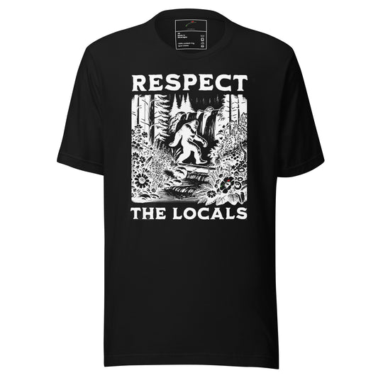Black Bigfoot graphic t shirt with white Respect The Locals design featuring Bigfoot in forest