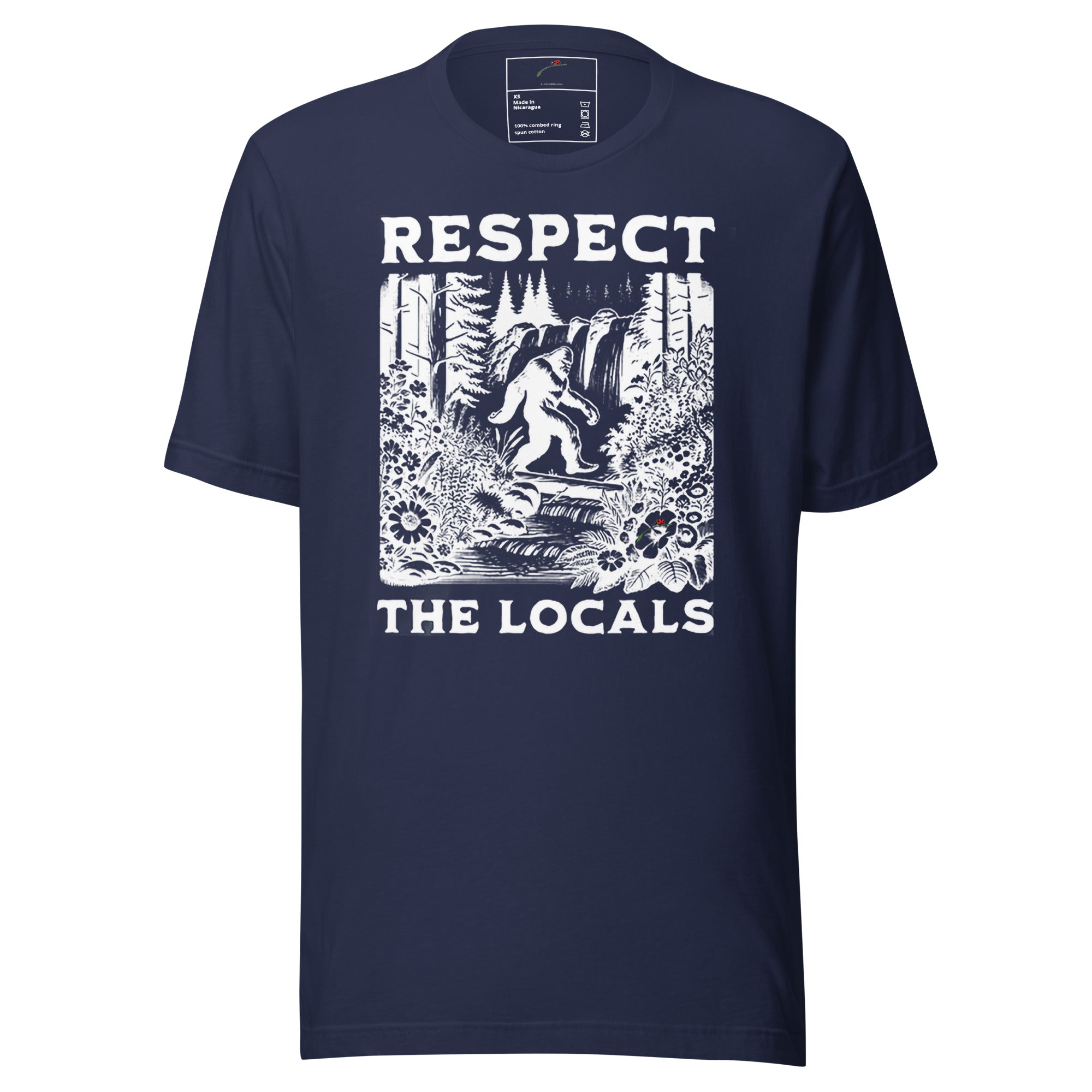 LuckeLadybug navy Bigfoot graphic t shirt with Respect the Locals white print design