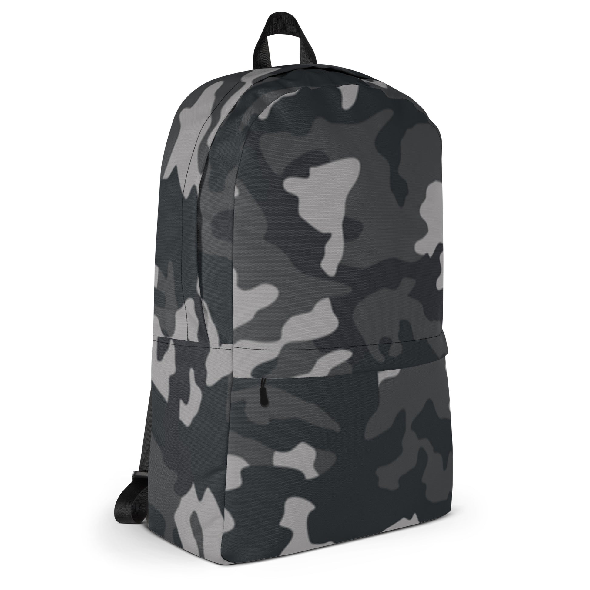 LuckeLadybug Black Camo Design Backpack For Everyday Use. Lightweight gray black camo backpack with front pocket and padded straps