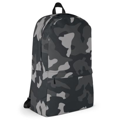LuckeLadybug Black Camo Design Backpack For Everyday Use. Lightweight gray black camo backpack with front pocket and padded straps