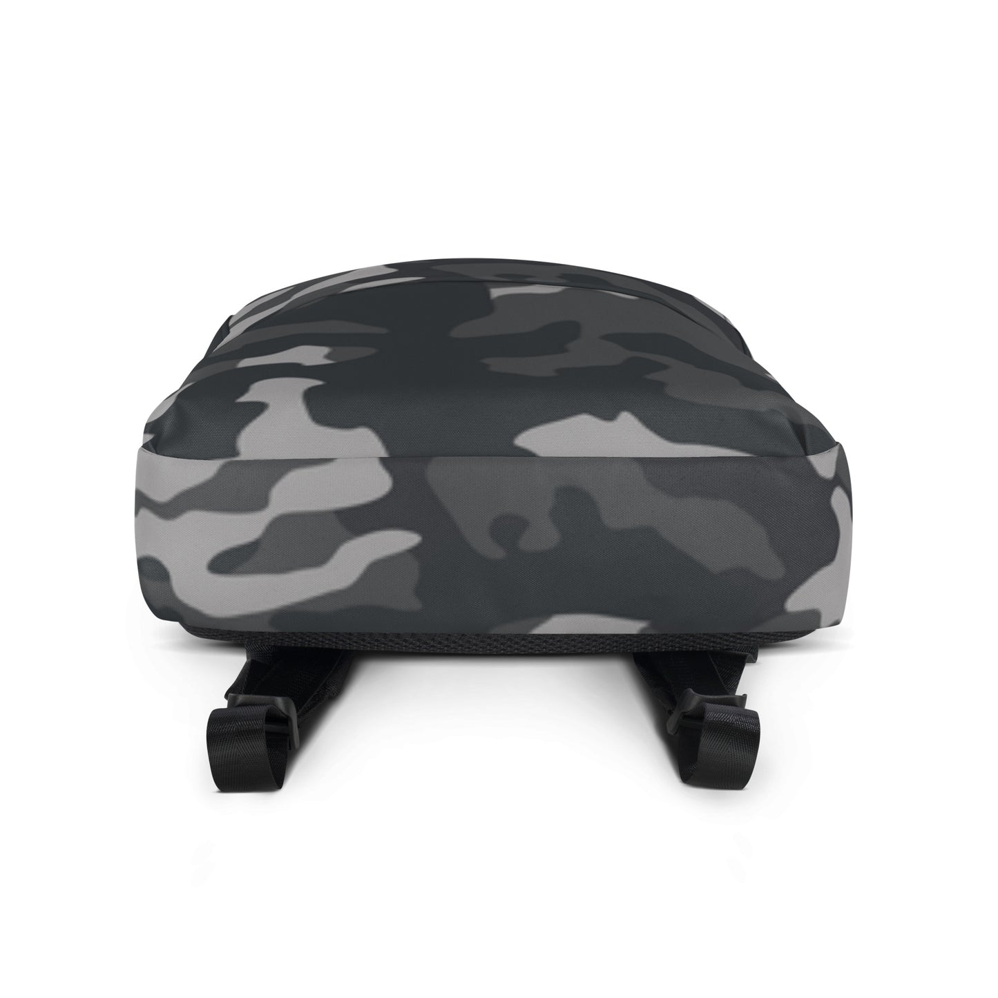 LuckeLadybug Black Camo Design Backpack For Everyday Use. Low profile gray black camo backpack front view with adjustable straps