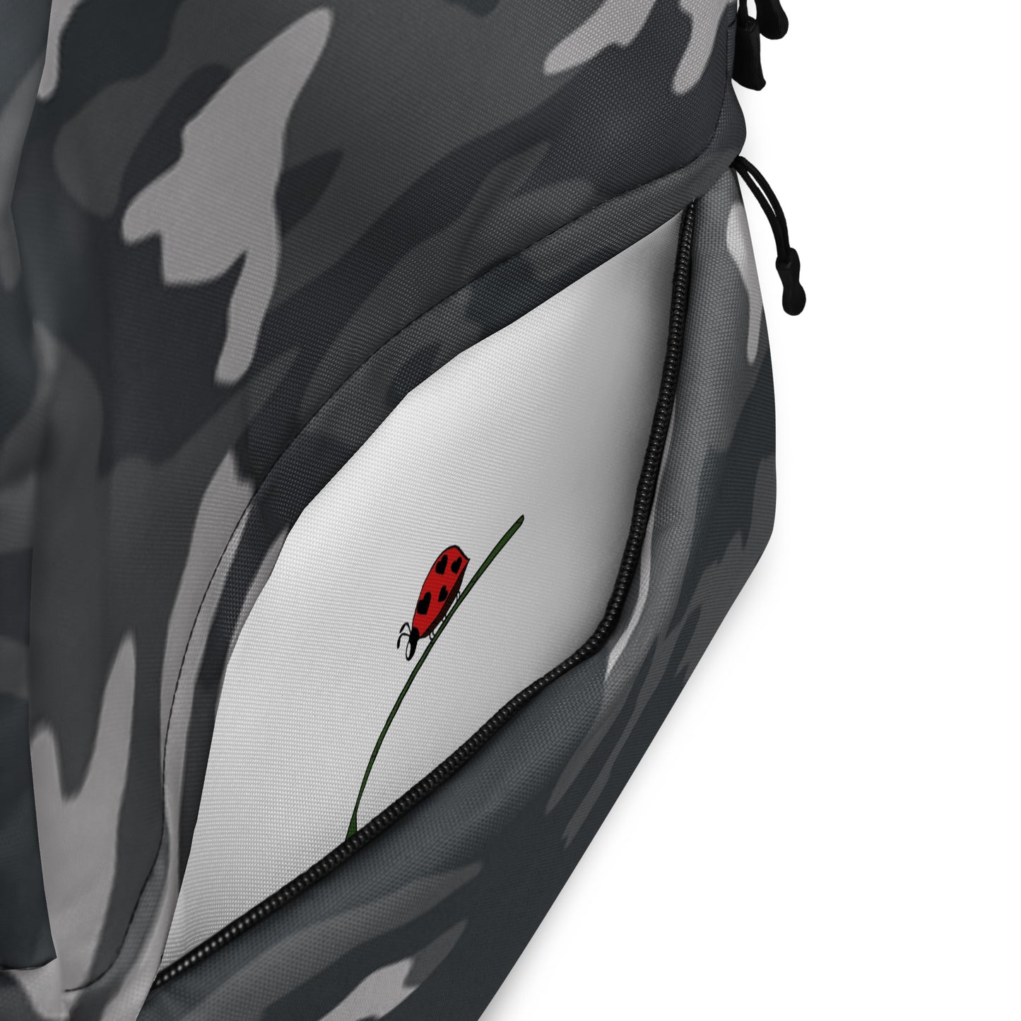 LuckeLadybug Black Camo Design Backpack For Everyday Use with open front pocket revealing ladybug print interior