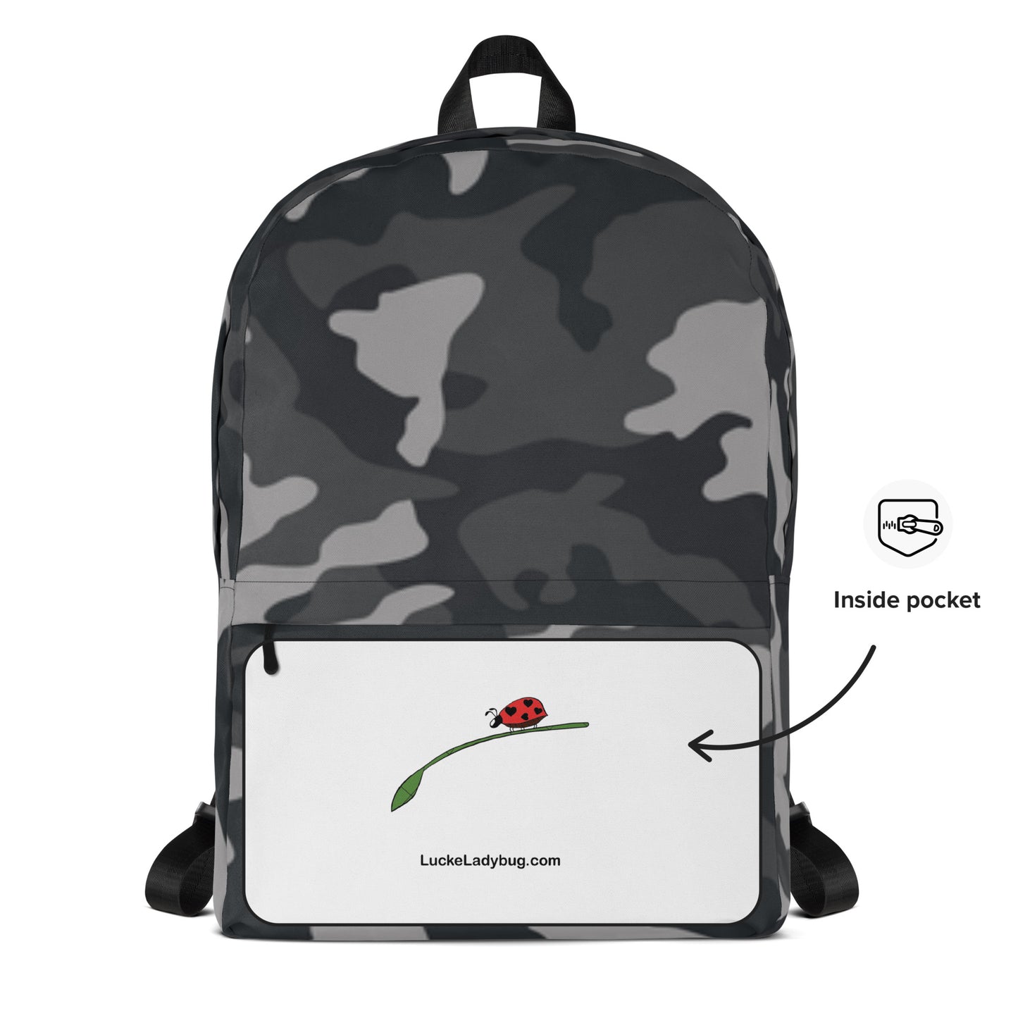 LuckeLadybug Black Camo Design Backpack For Everyday Use. Gray black camouflage backpack with front white pocket and ladybug logo