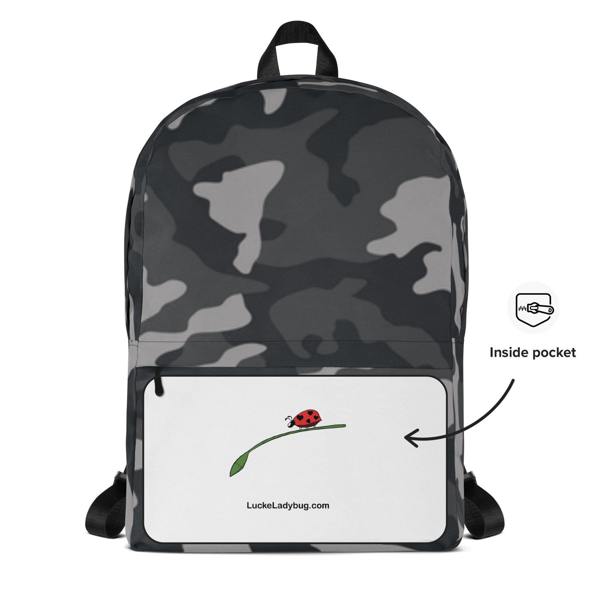 LuckeLadybug Black Camo Design Backpack For Everyday Use. Gray black camouflage backpack with front white pocket and ladybug logo