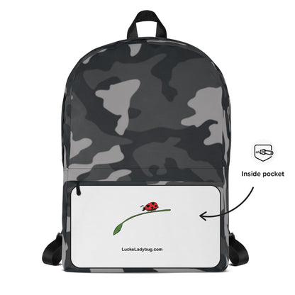 LuckeLadybug Black Camo Design Backpack For Everyday Use. Gray black camouflage backpack with front white pocket and ladybug logo