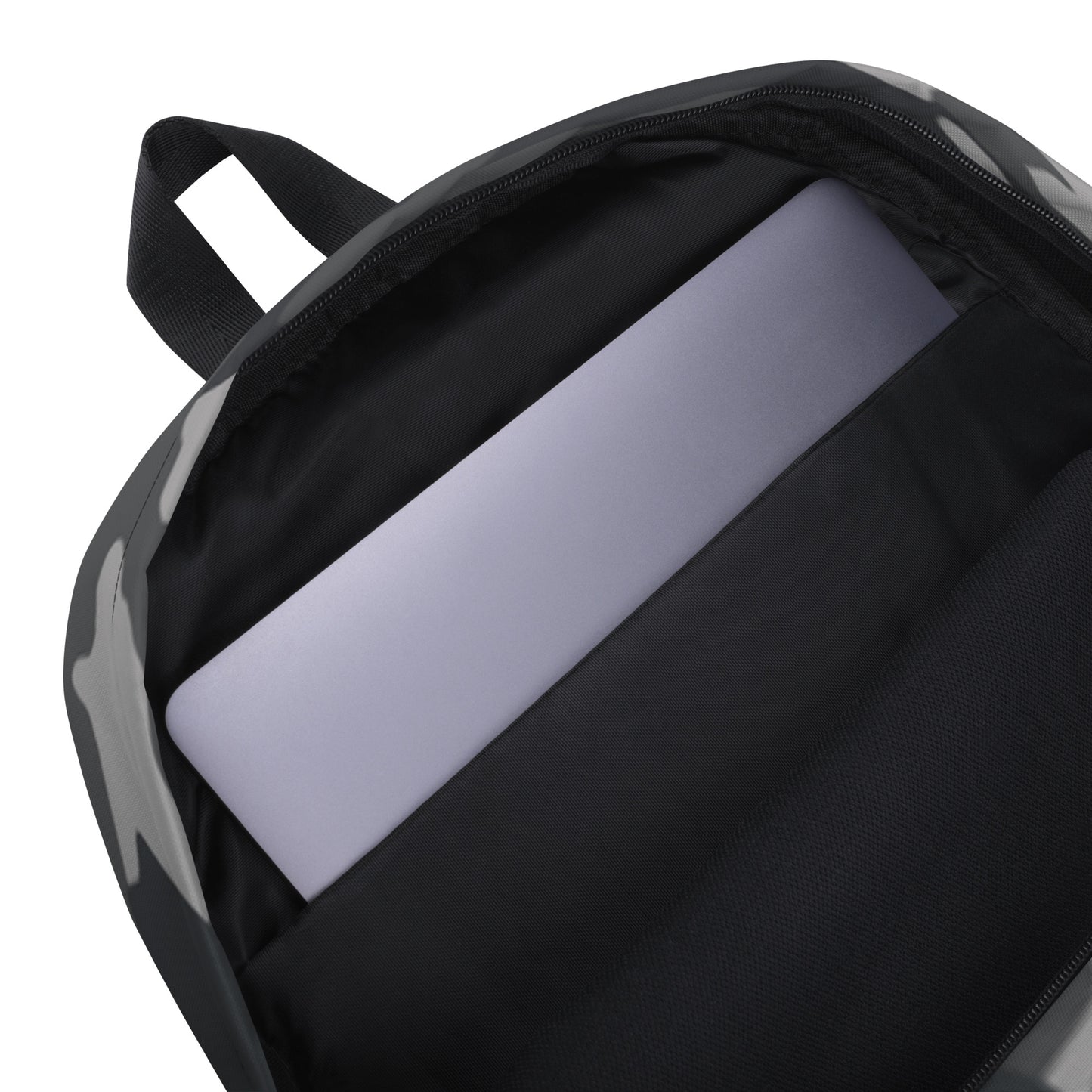 LuckeLadybug Black Camo Design Backpack For Everyday Use with padded laptop sleeve shown open
