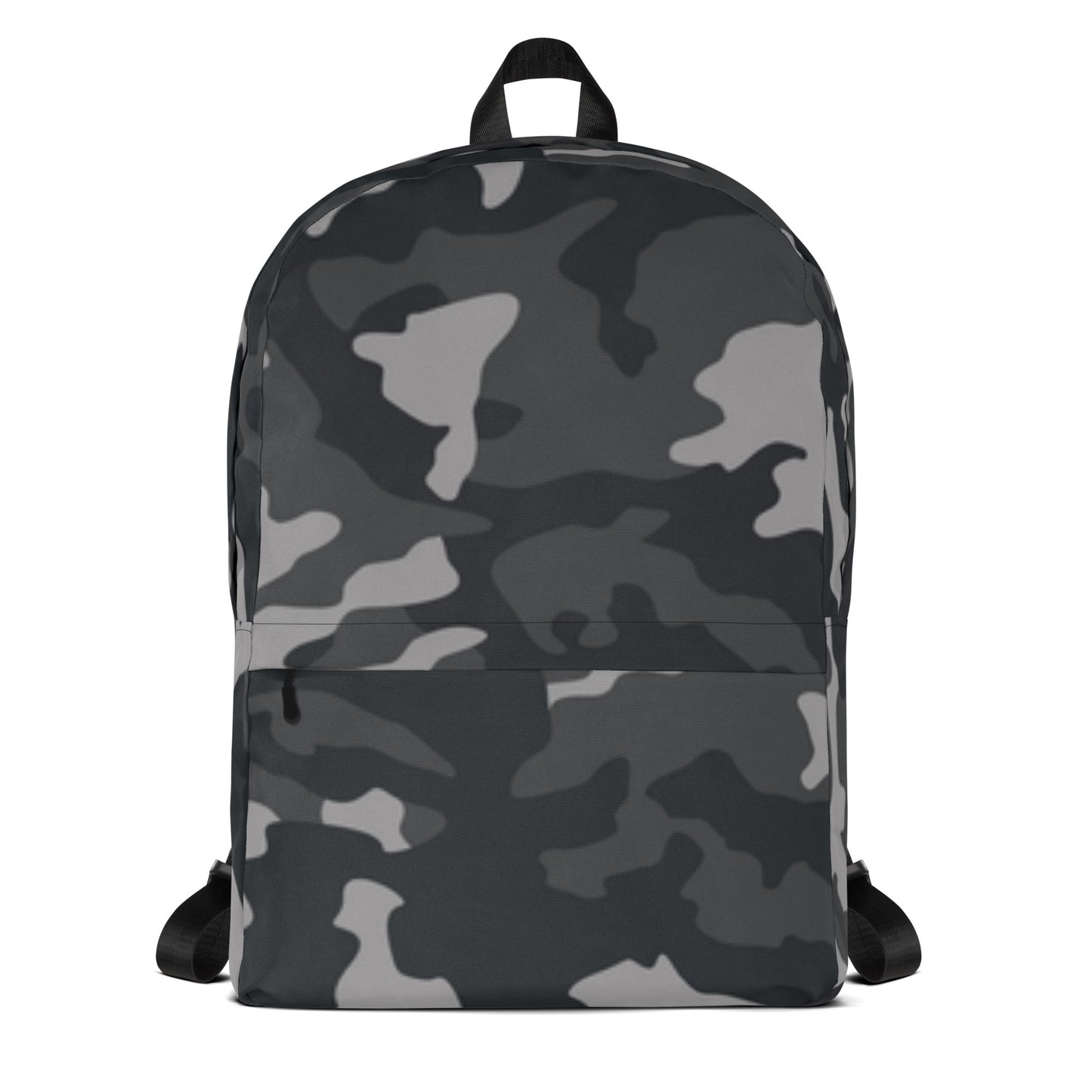 LuckeLadybug Black Camo Design Backpack For Everyday Use. Gray and black camo backpack with zip pocket and adjustable straps.