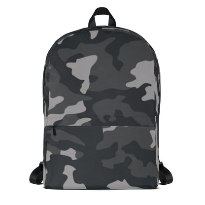 LuckeLadybug Black Camo Design Backpack For Everyday Use. Gray and black camo backpack with zip pocket and adjustable straps.