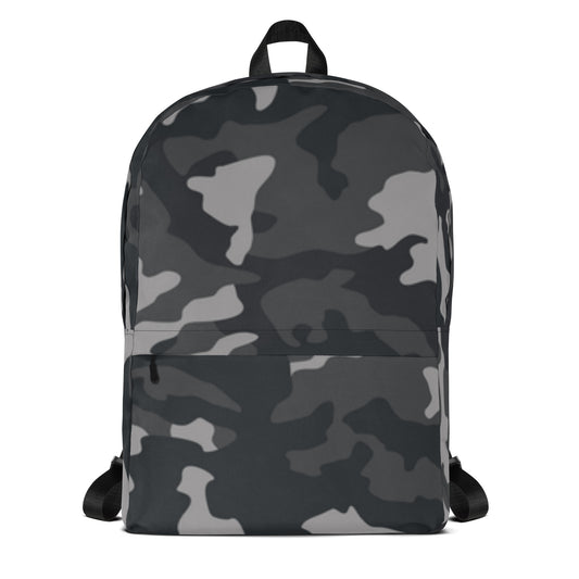 LuckeLadybug Black Camo Design Backpack For Everyday Use. Gray and black camo backpack with zip pocket and adjustable straps.