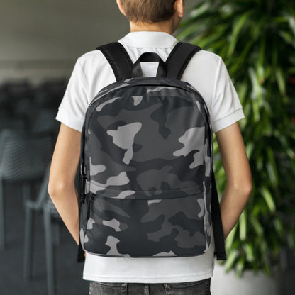 LuckeLadybug Black Camo Design Backpack For Everyday Use worn by student with padded straps and front zip pocket