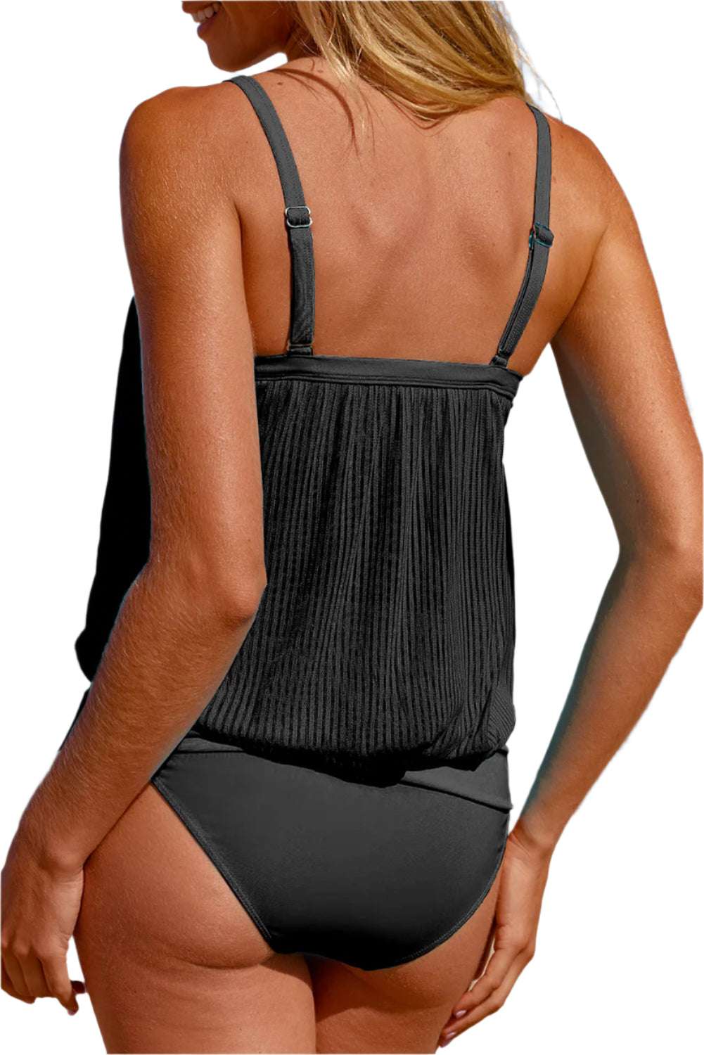 Back view of black striped tankini swimsuit with adjustable straps by LuckeLadybug LLC