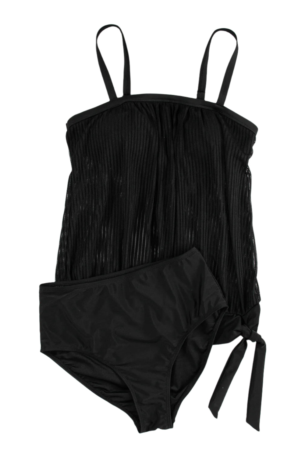 LuckeLadybug LLC black striped tankini swimsuit with adjustable straps and side tie detail