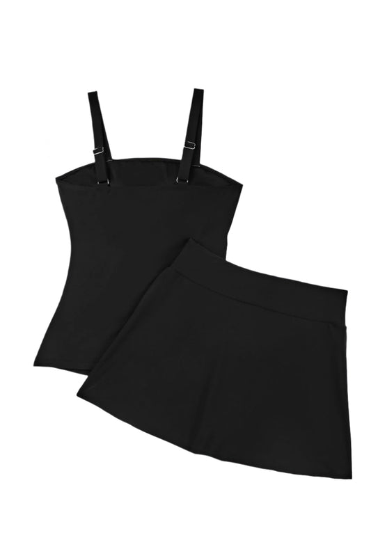 LuckeLadybug black tankini set for women with adjustable straps and swim skirt
