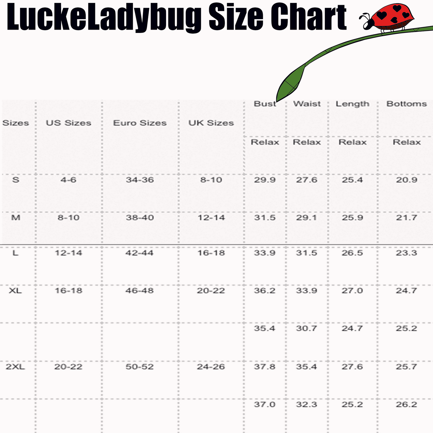 LuckeLadybug size chart showing US, Euro, UK sizes and measurements for black v neck tankini top