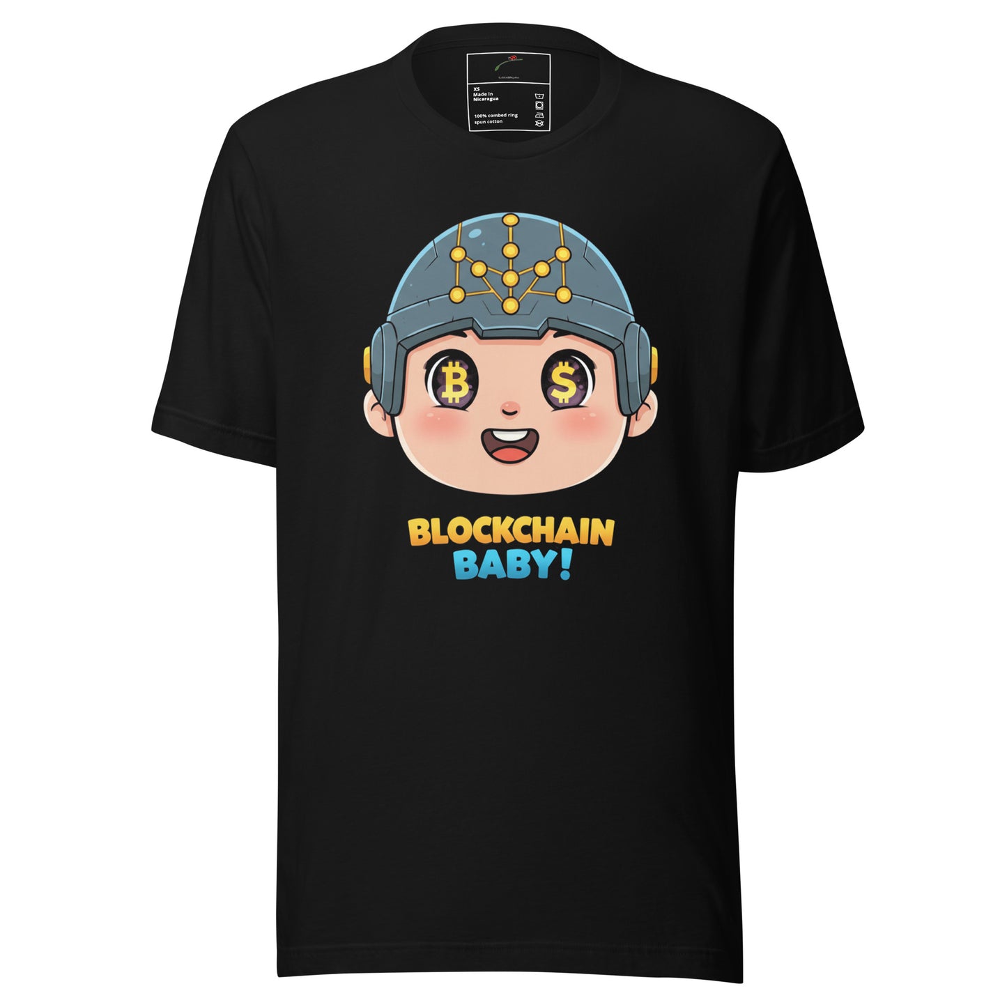 LuckeLadybug black blockchain graphic tee featuring a cartoon baby with blockchain helmet and currency symbols