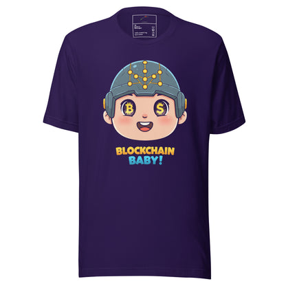 Purple LuckeLadybug blockchain graphic tee with cartoon baby wearing crypto helmet and text blockchain baby