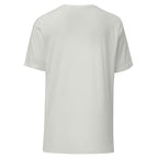 LuckeLadybug back view white cotton crew neck tee for blue alien men’s t-shirt showing seams and short sleeves