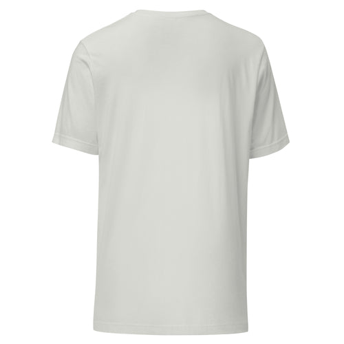 LuckeLadybug back view white cotton crew neck tee for blue alien men’s t-shirt showing seams and short sleeves
