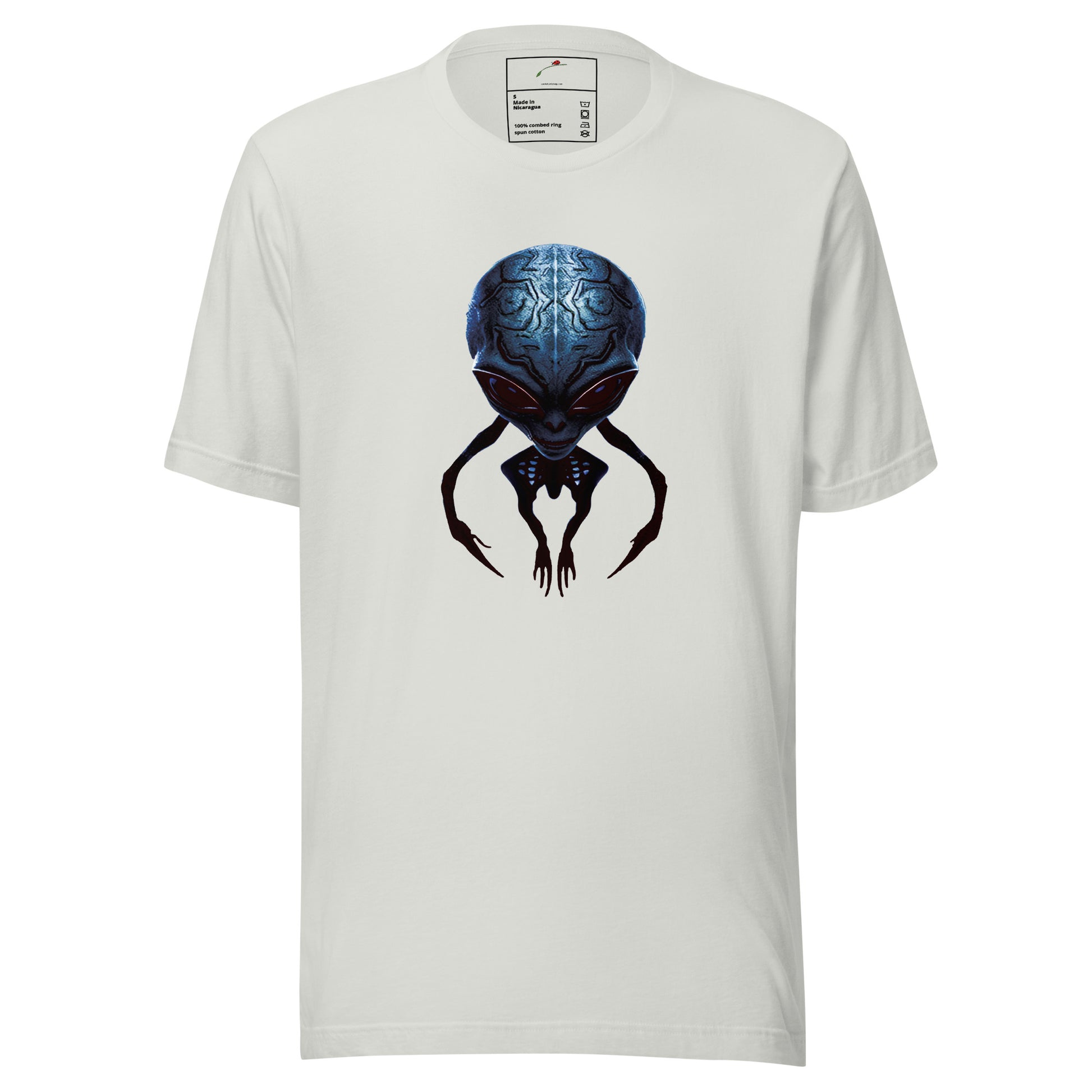 LuckeLadybug white T-shirt with large blue alien men’s t-shirt graphic centered on chest for sci fi fans