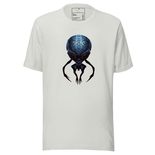 LuckeLadybug white T-shirt with large blue alien men’s t-shirt graphic centered on chest for sci fi fans