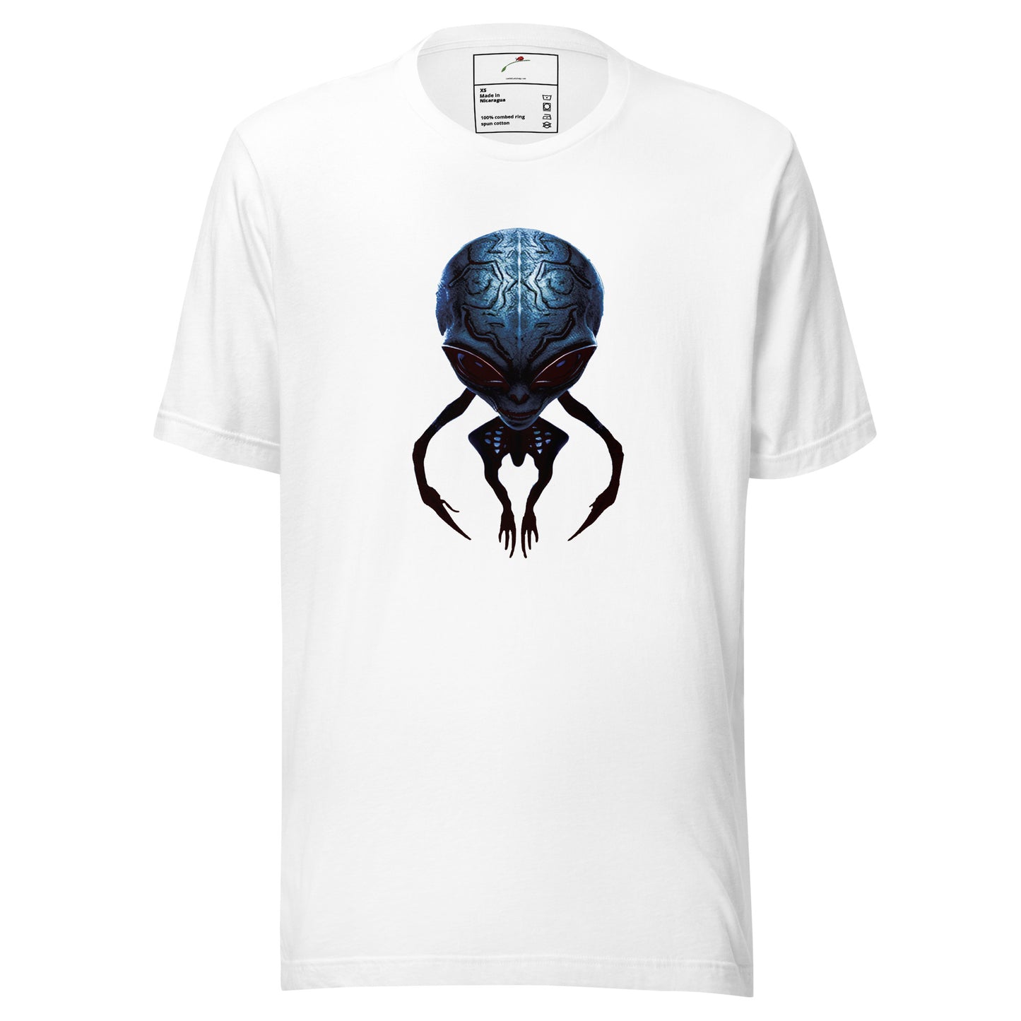 LuckeLadybug white tee featuring a centered blue alien men’s t-shirt graphic with detailed alien head art