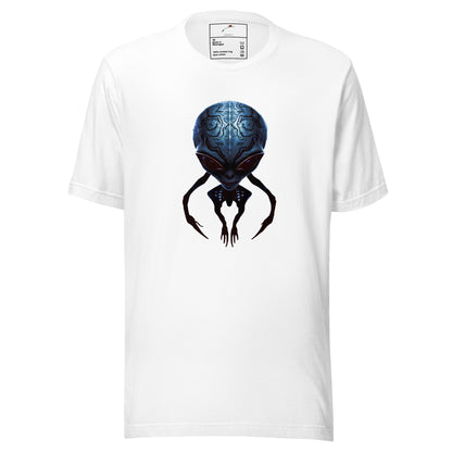 LuckeLadybug white tee featuring a centered blue alien men’s t-shirt graphic with detailed alien head art