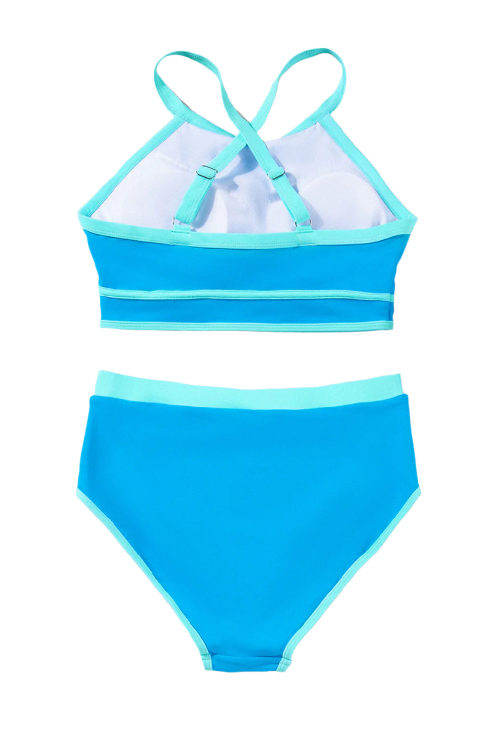 Blue high waisted bikini with adjustable straps by LuckeLadybug LLC shown from the back