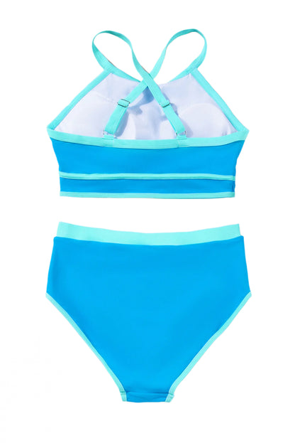 Blue high waisted bikini with adjustable straps by LuckeLadybug LLC shown from the back