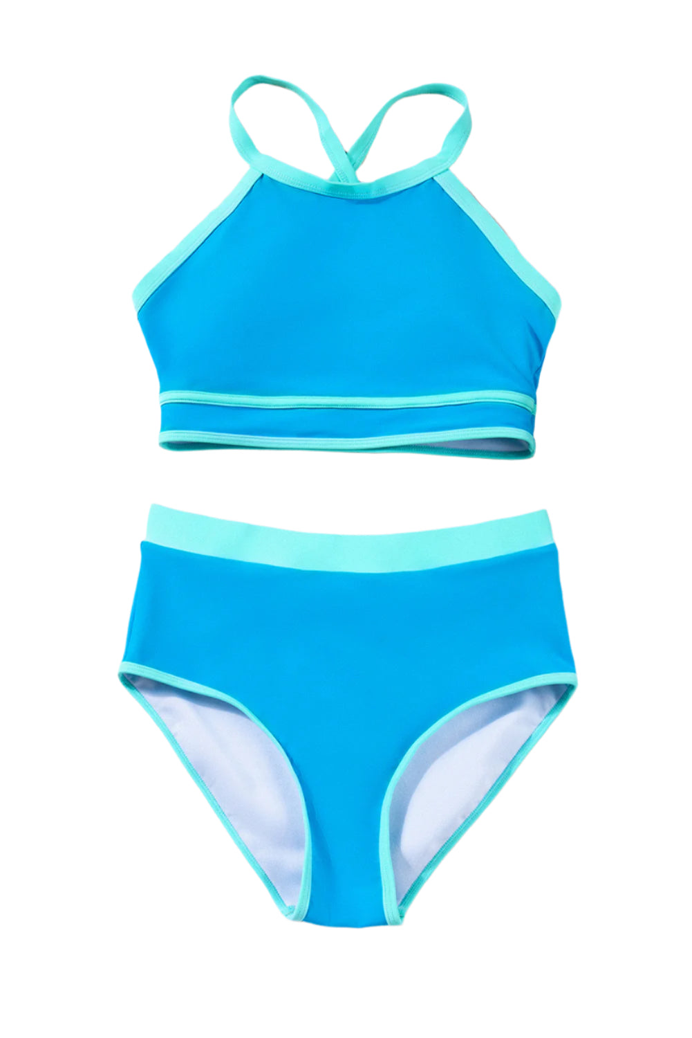 Blue high waisted bikini with light blue trim from LuckeLadybug LLC featuring a sporty top and full coverage bottoms