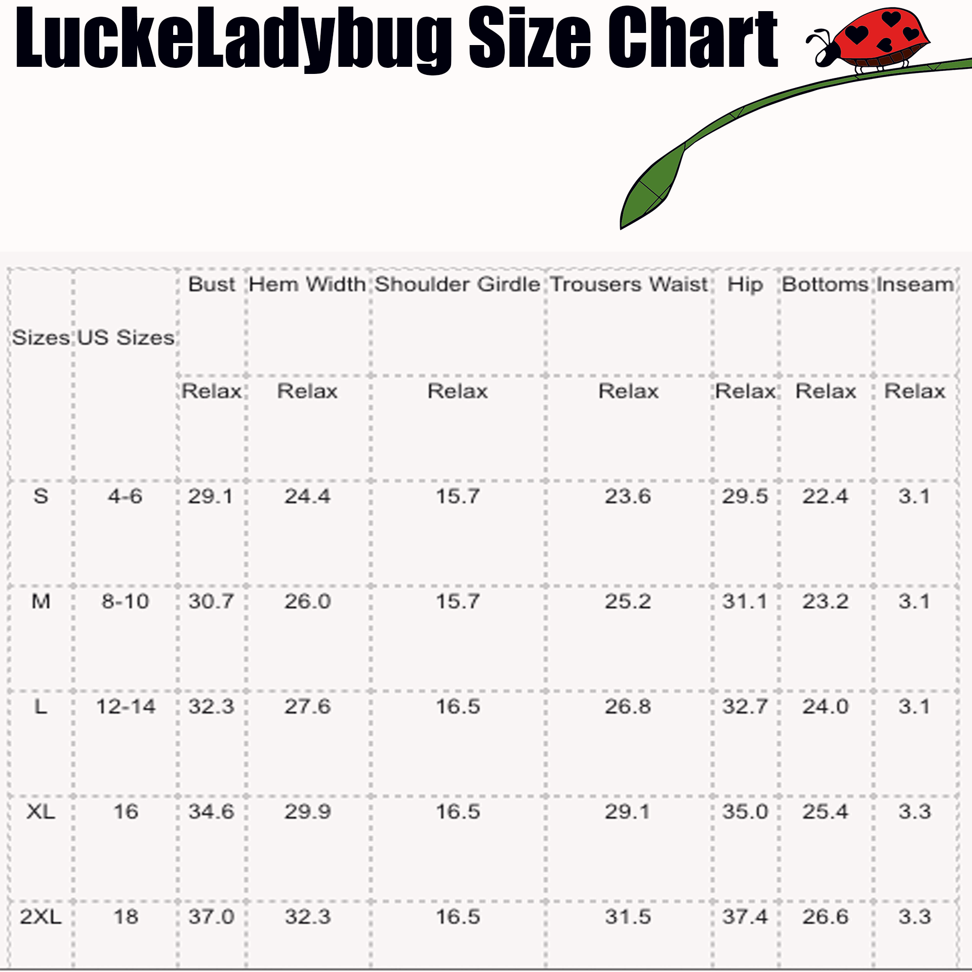 LuckeLadybug size chart showing measurements for bust, hem width, shoulder, waist, hip, bottoms, and inseam for blue high waisted bikini
