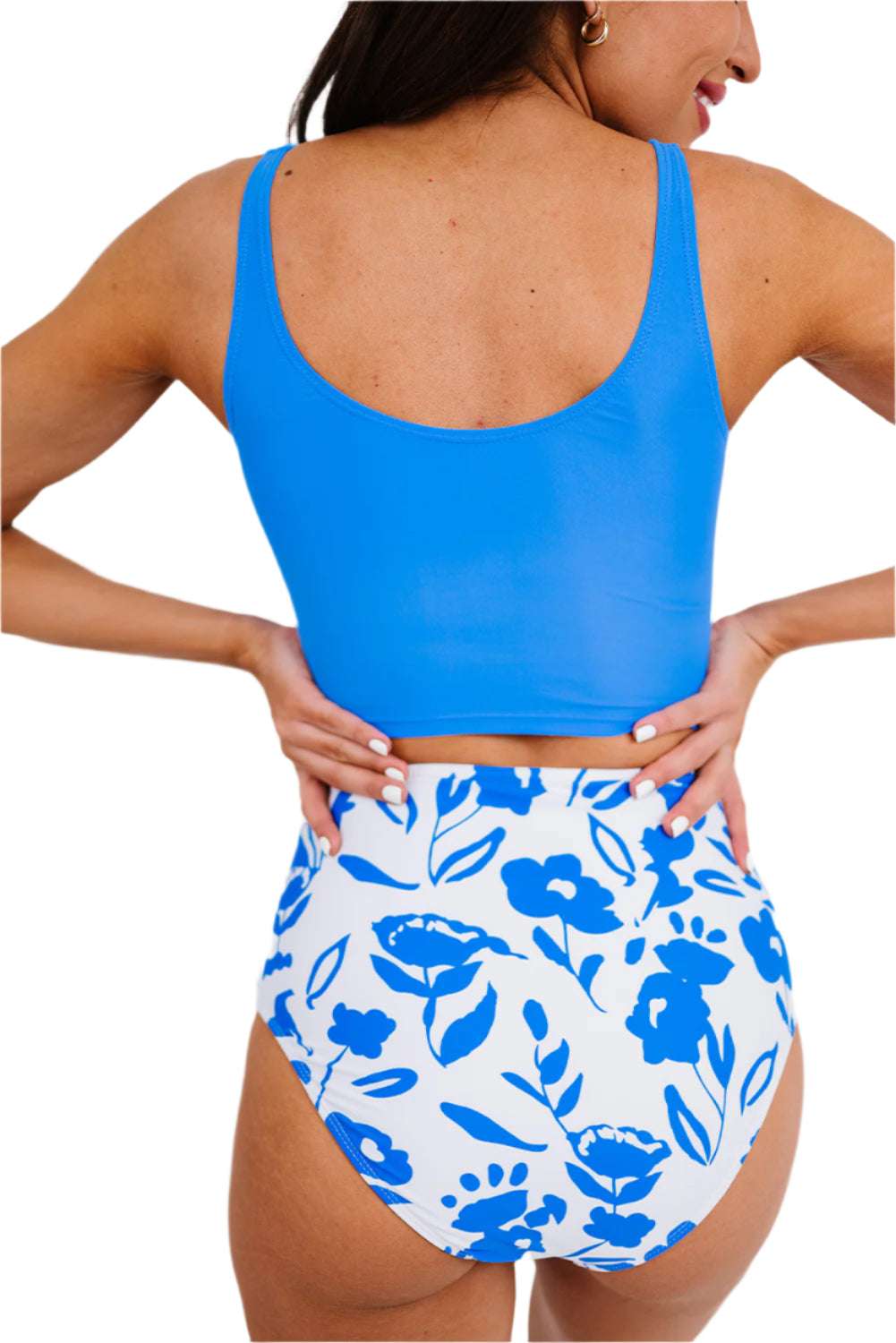 LuckeLadybug blue square neck tankini set with solid blue top and floral high-waisted bottoms