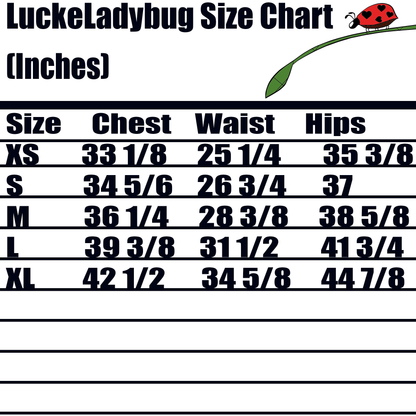 LuckeLadybug size chart in inches showing chest waist and hips measurements for bodycon dress for women sizes XS to XL